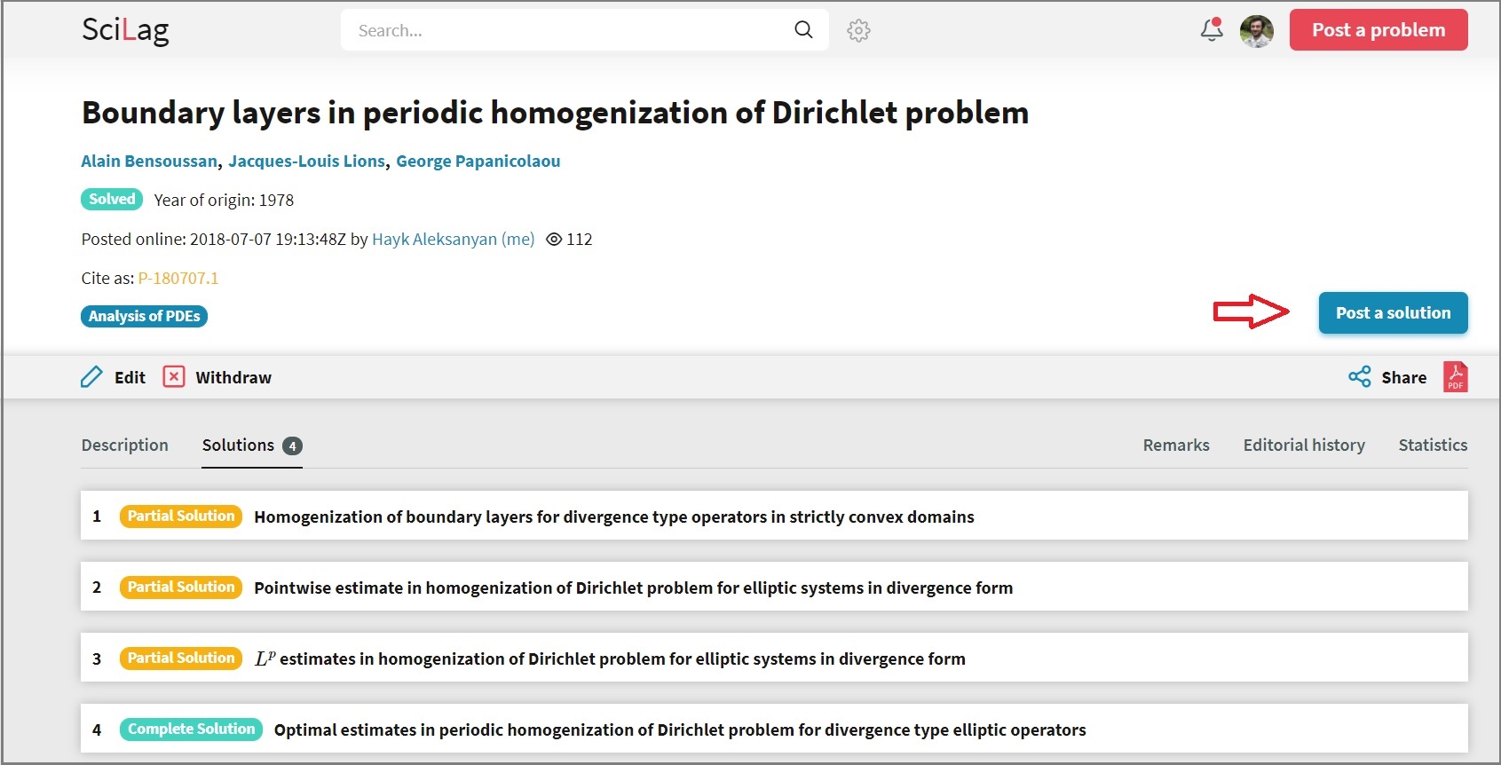 Adding a solution to a research problem in mathematics on SciLag